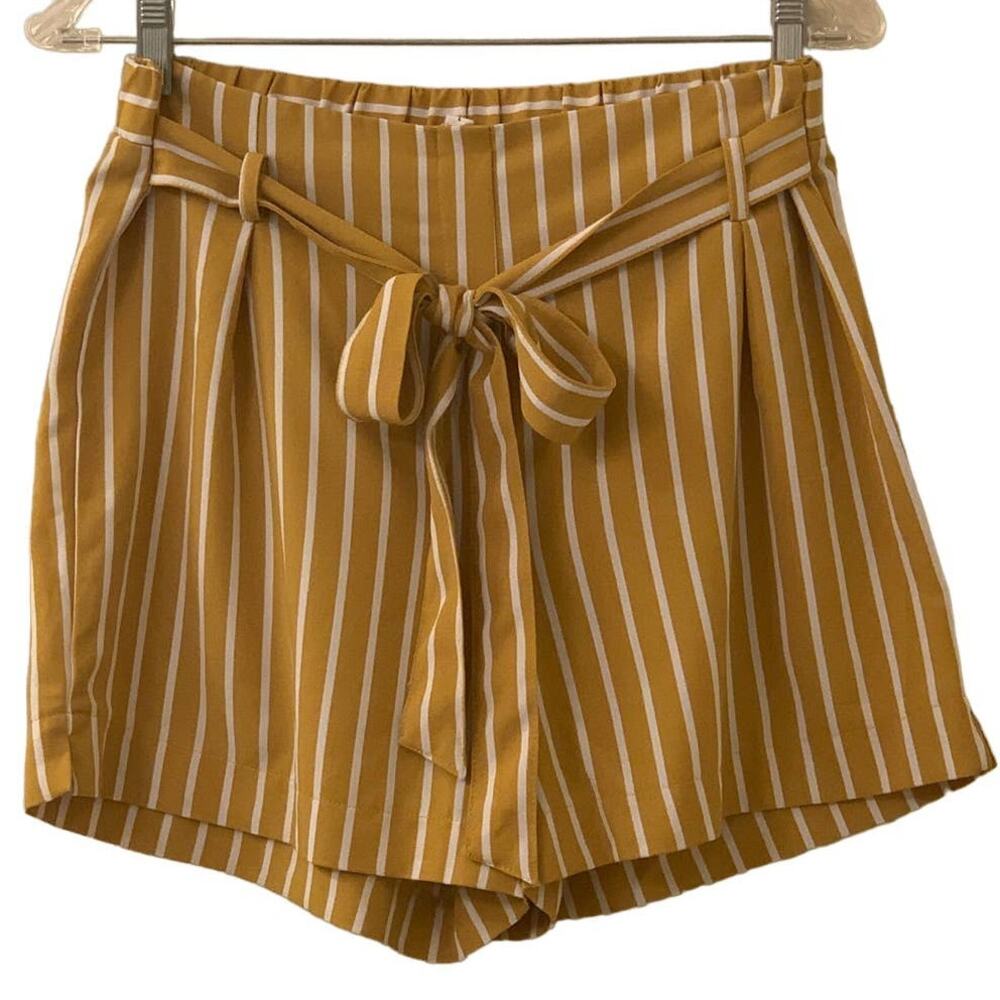 HAVE Women's Mustard Yellow and White Striped Shorts with Faux Belt, Size Large